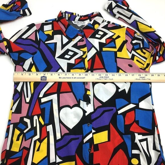Women's Retro Pop Art Print Shirt Button Front Long Sleeves Colorful Abstract M - Picture 4 of 10